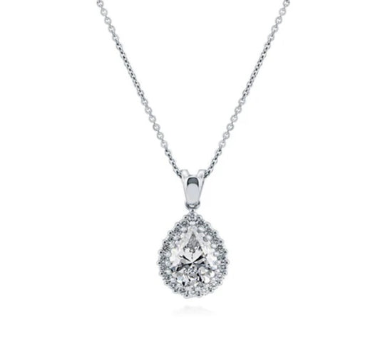 Halo Pear CZ Pendant Necklace in Sterling Silver