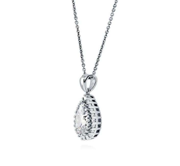 Halo Pear CZ Pendant Necklace in Sterling Silver