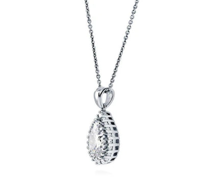 Halo Pear CZ Pendant Necklace in Sterling Silver