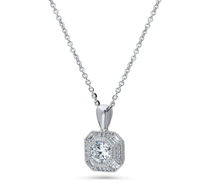 Halo Art Deco Octagon Sun CZ Pendant Necklace in Sterling Silver