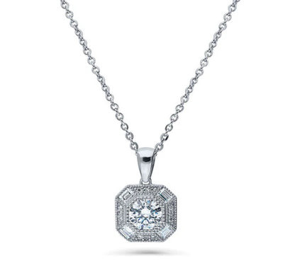 Halo Art Deco Octagon Sun CZ Pendant Necklace in Sterling Silver