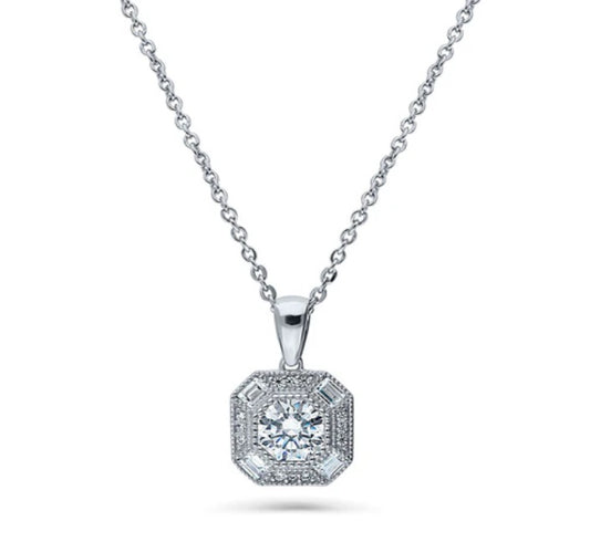 Halo Art Deco Octagon Sun CZ Pendant Necklace in Sterling Silver