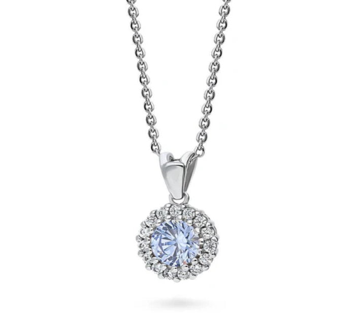 Halo Greyish Blue Round CZ Pendant Necklace in Sterling Silver