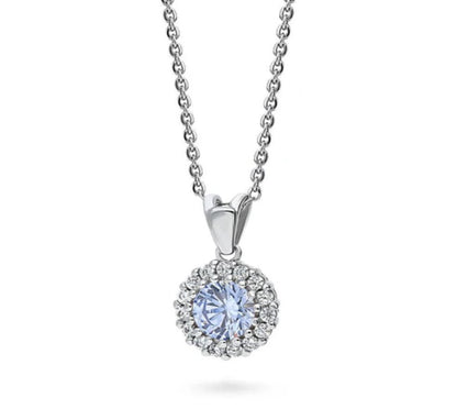 Halo Greyish Blue Round CZ Pendant Necklace in Sterling Silver