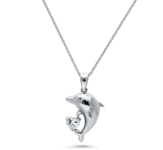 Dolphin CZ Pendant Necklace in Sterling Silver