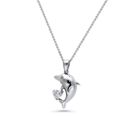 Dolphin CZ Pendant Necklace in Sterling Silver