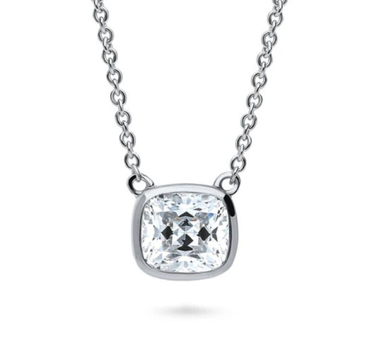 Solitaire Bezel Set Cushion CZ Necklace in Sterling Silver 1.25ct