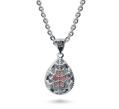 Halo Red Pear CZ Pendant Necklace in Sterling Silver