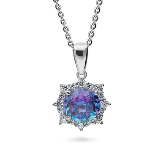 Sunburst Halo Purple Aqua CZ Pendant Necklace in Sterling Silver