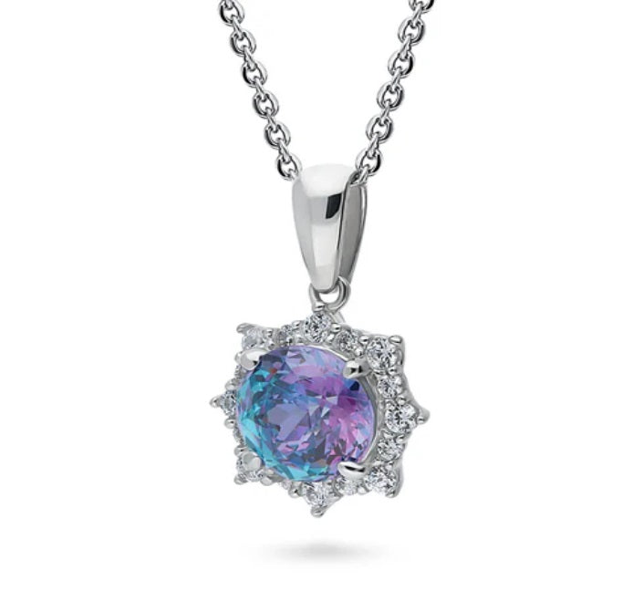 Sunburst Halo Purple Aqua CZ Pendant Necklace in Sterling Silver