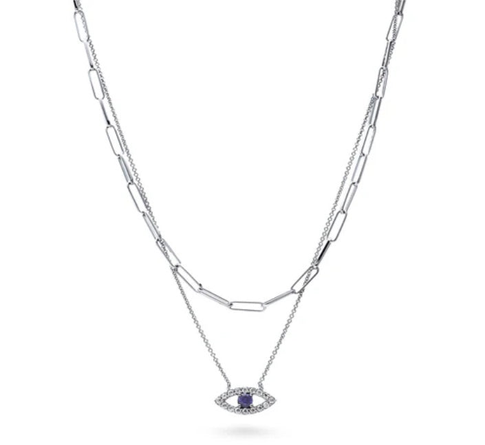 Evil Eye CZ Chain Necklace in Sterling Silver, 2 Piece