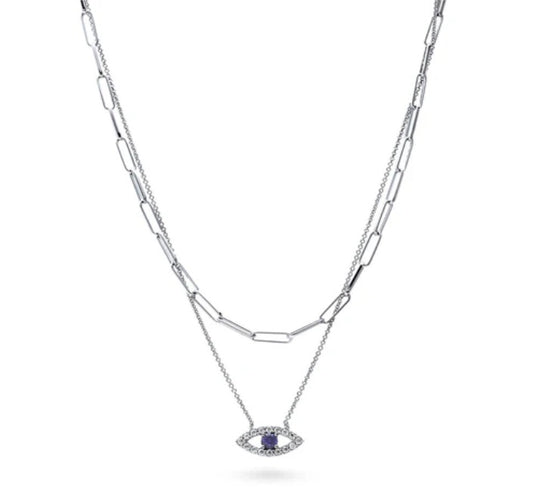 Evil Eye CZ Chain Necklace in Sterling Silver, 2 Piece