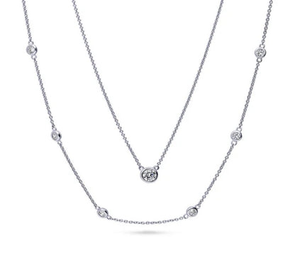 Solitaire 0.45ct Round CZ Pendant Station Necklace in Sterling Silver