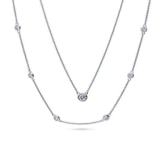 Solitaire 0.45ct Round CZ Pendant Station Necklace in Sterling Silver