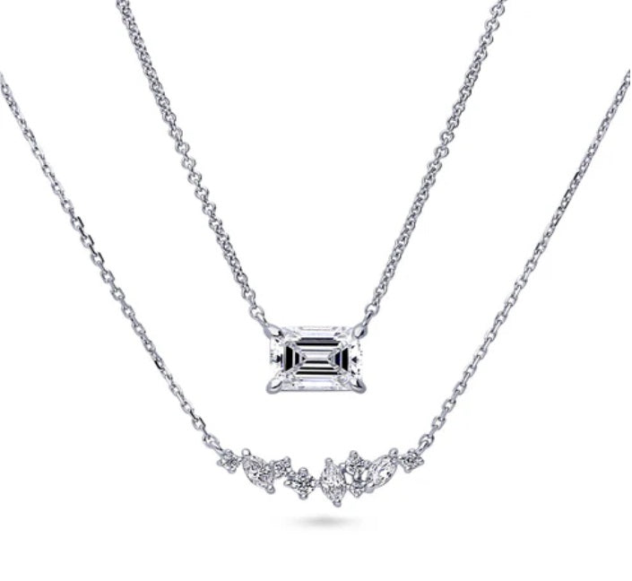 Bar Cluster CZ Pendant Necklace in Sterling Silver, 2 Piece