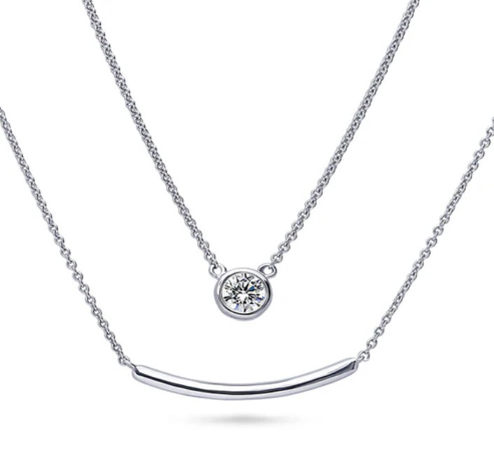 Bar Solitaire Bezel Set CZ Pendant Necklace in Sterling Silver, 2 Piece