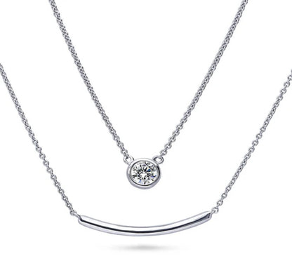 Bar Solitaire Bezel Set CZ Pendant Necklace in Sterling Silver, 2 Piece