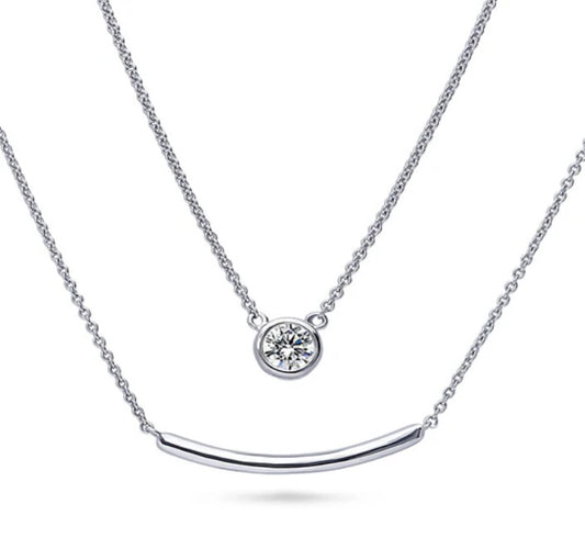 Bar Solitaire Bezel Set CZ Pendant Necklace in Sterling Silver, 2 Piece