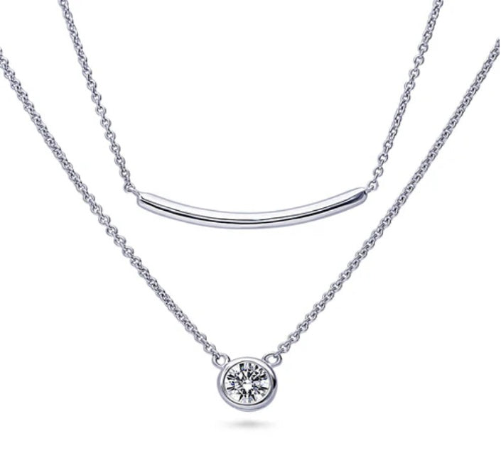 Bar Solitaire Bezel Set CZ Pendant Necklace in Sterling Silver, 2 Piece