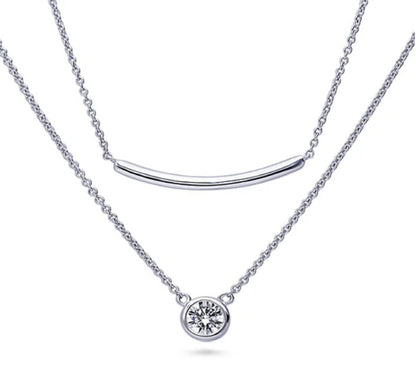 Bar Solitaire Bezel Set CZ Pendant Necklace in Sterling Silver, 2 Piece