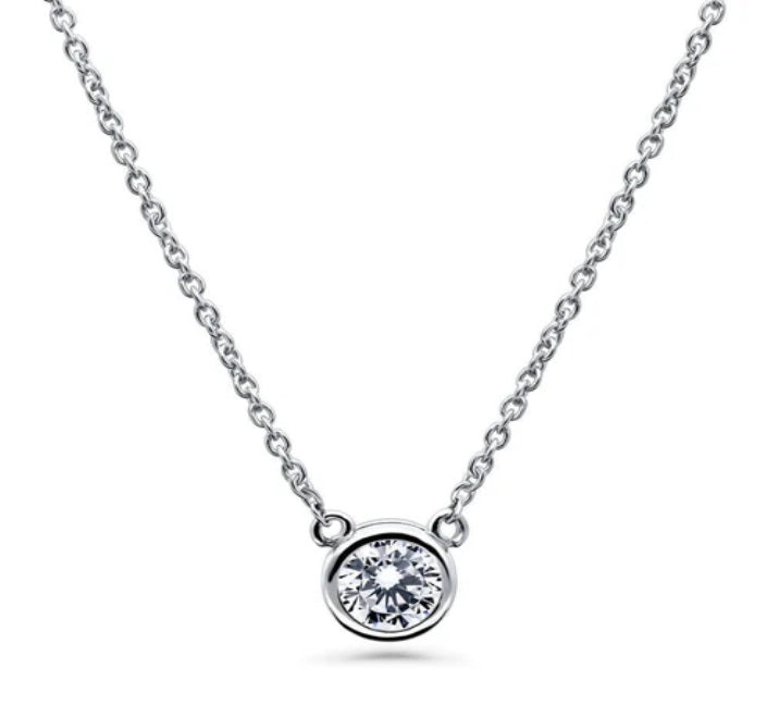 Bar Solitaire Bezel Set CZ Pendant Necklace in Sterling Silver, 2 Piece