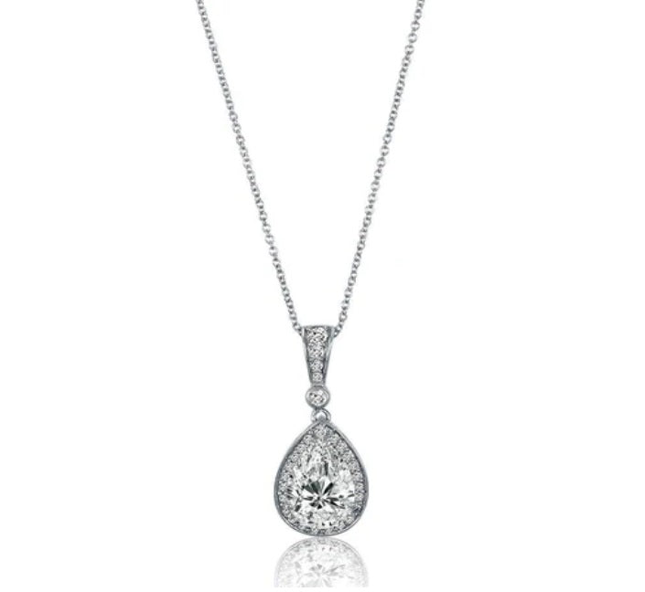 Halo Pear CZ Pendant Necklace in Sterling Silver