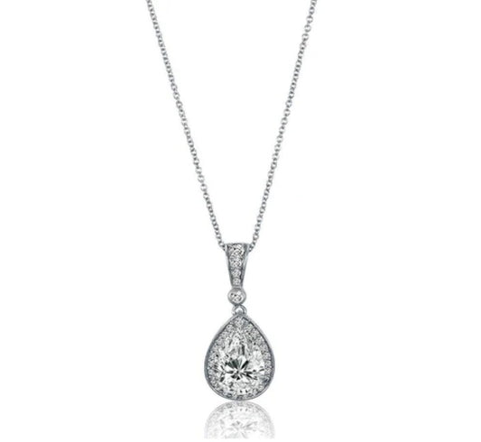 Halo Pear CZ Pendant Necklace in Sterling Silver