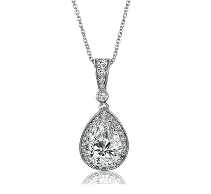 Halo Pear CZ Pendant Necklace in Sterling Silver