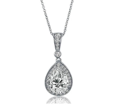 Halo Pear CZ Pendant Necklace in Sterling Silver