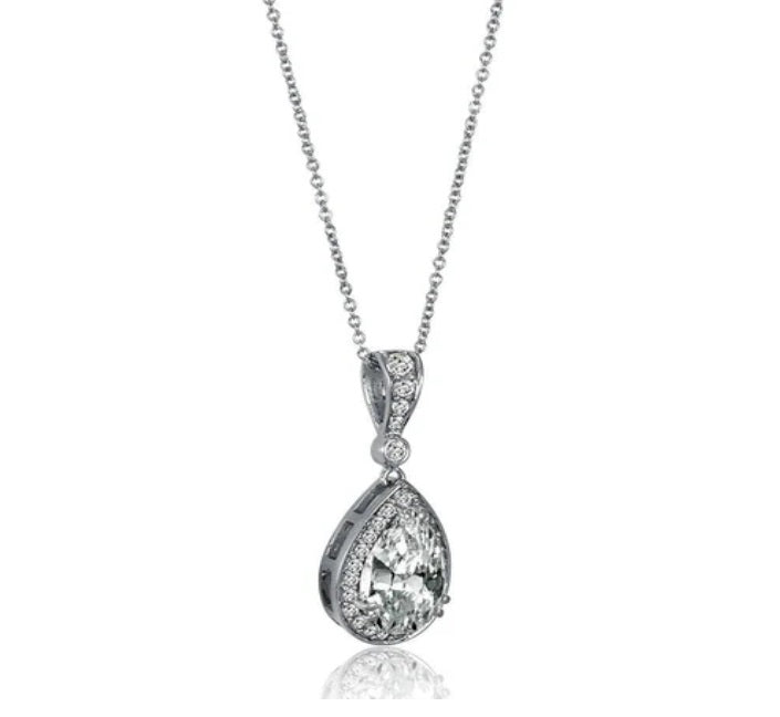 Halo Pear CZ Pendant Necklace in Sterling Silver