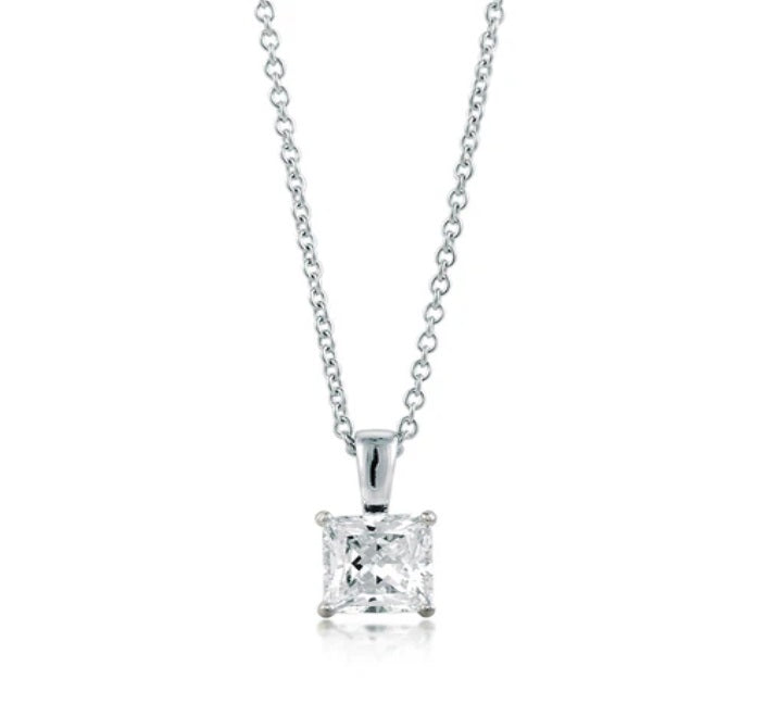Solitaire Princess CZ Pendant Necklace in Sterling Silver