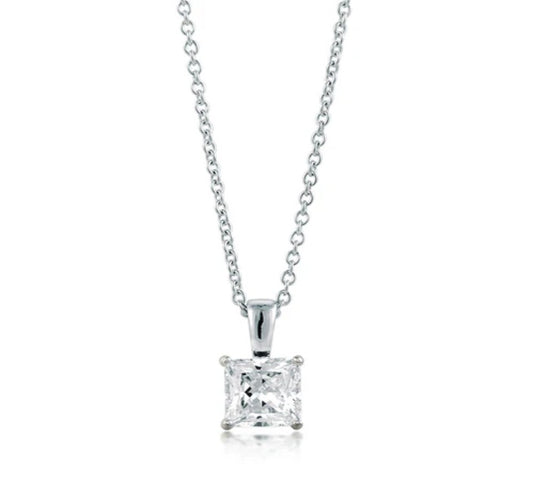 Solitaire Princess CZ Pendant Necklace in Sterling Silver