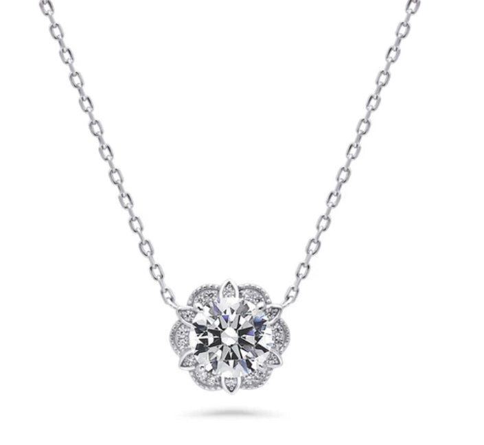 Flower Halo CZ Pendant Necklace in Sterling Silver