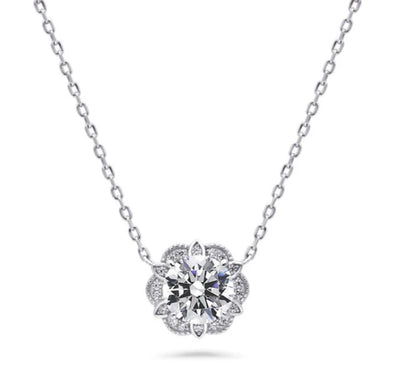 Flower Halo CZ Pendant Necklace in Sterling Silver