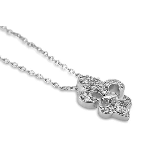 Fleur De Lis CZ Pendant Necklace in Sterling Silver
