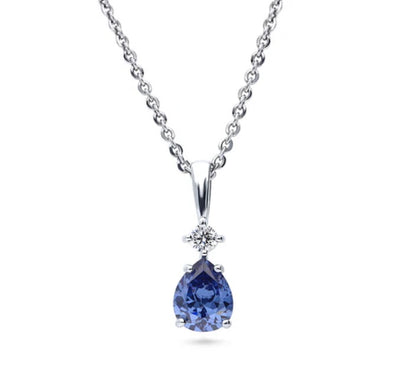 2-Stone Simulated Blue Tanzanite CZ Pendant Necklace in Sterling Silver