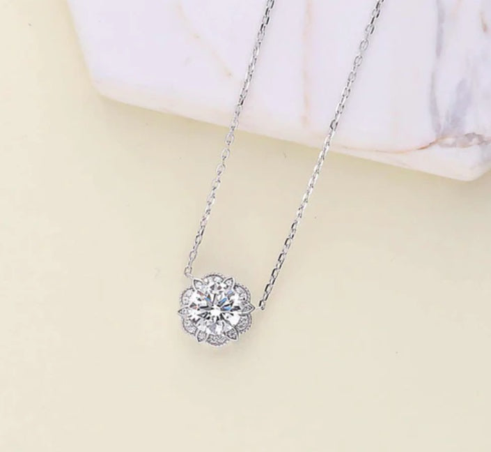 Flower Halo CZ Pendant Necklace in Sterling Silver