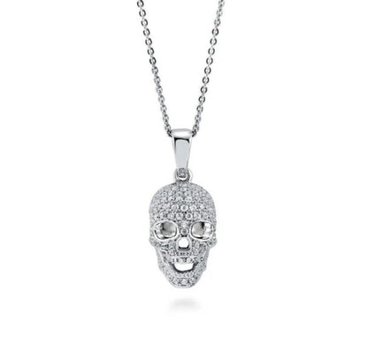 Skull Bones CZ Pendant Necklace in Sterling Silver