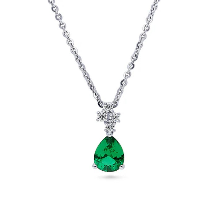 Cluster Simulated Emerald CZ Pendant Necklace in Sterling Silver