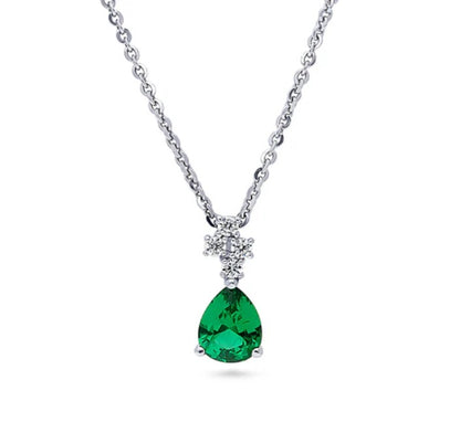 Cluster Simulated Emerald CZ Pendant Necklace in Sterling Silver