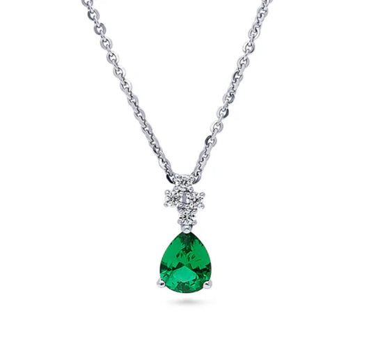 Cluster Simulated Emerald CZ Pendant Necklace in Sterling Silver