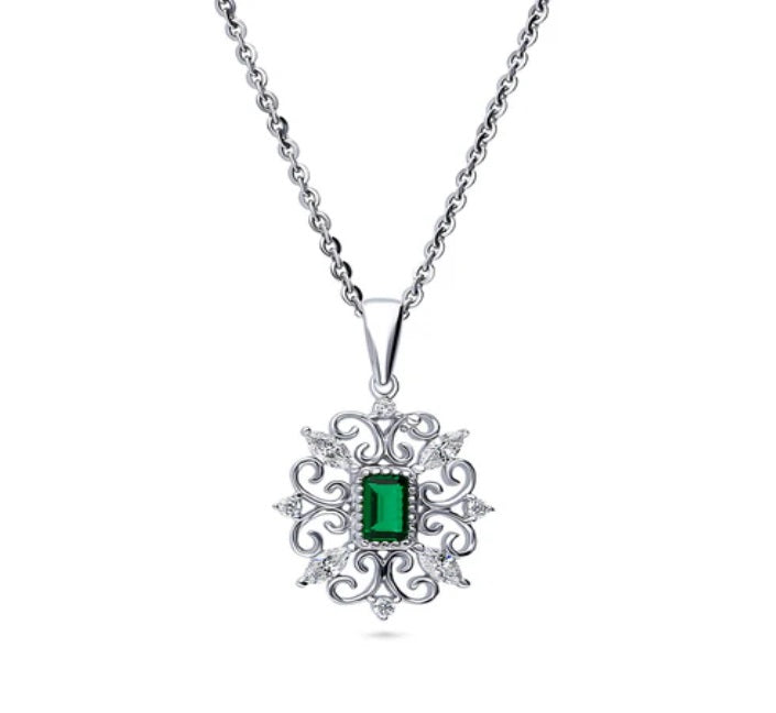 Art Deco Filigree CZ Pendant Necklace in Sterling Silver