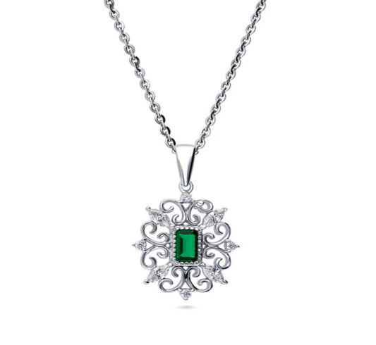 Art Deco Filigree CZ Pendant Necklace in Sterling Silver