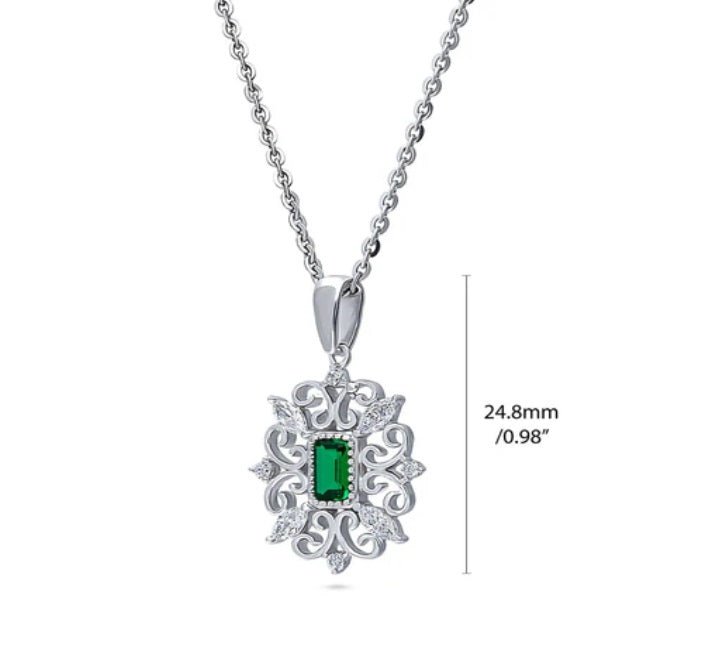 Art Deco Filigree CZ Pendant Necklace in Sterling Silver