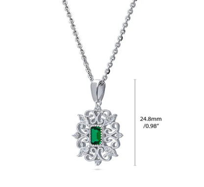 Art Deco Filigree CZ Pendant Necklace in Sterling Silver