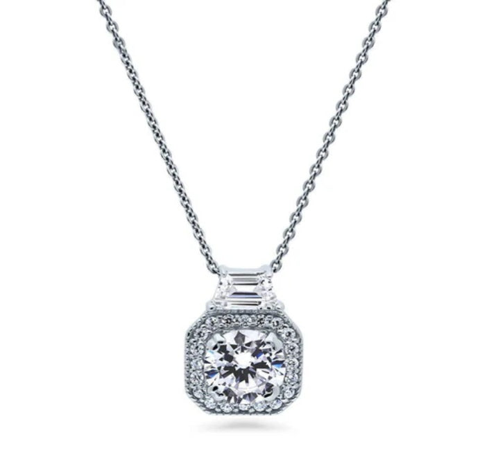 Halo Art Deco Round CZ Pendant Necklace in Sterling Silver