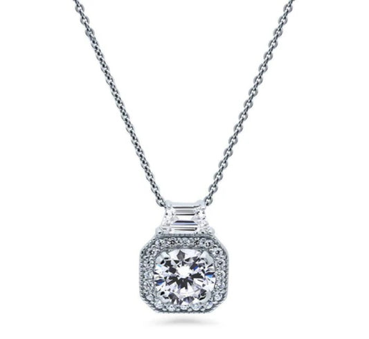Halo Art Deco Round CZ Pendant Necklace in Sterling Silver