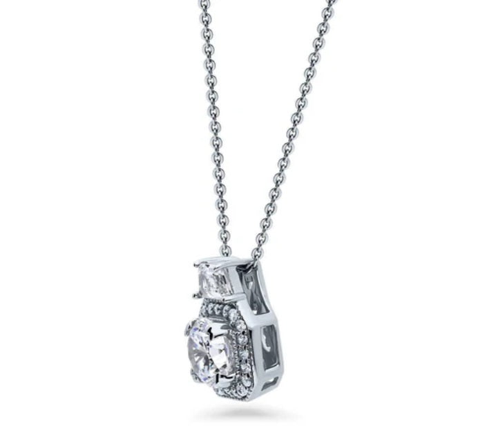 Halo Art Deco Round CZ Pendant Necklace in Sterling Silver