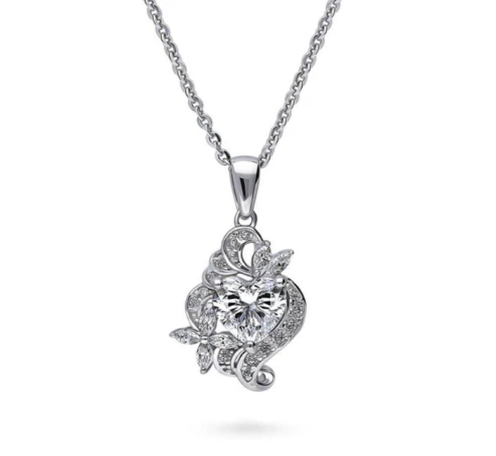 Heart Flower CZ Pendant Necklace in Sterling Silver