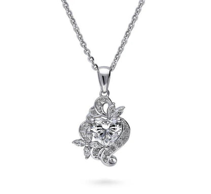 Heart Flower CZ Pendant Necklace in Sterling Silver